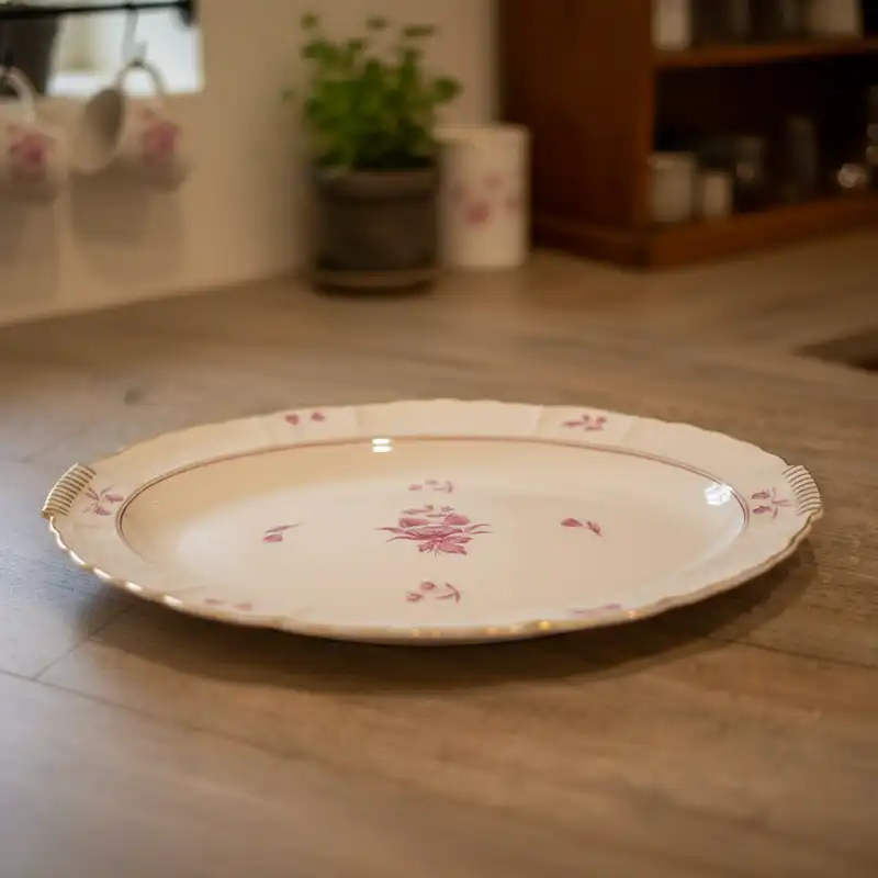 Plat ovale vintage en porcelaine décoré fleurs roses