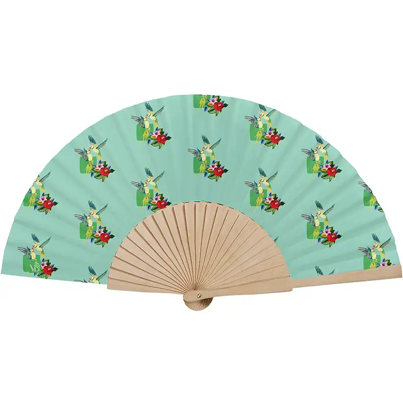 Eventail artisanal en bois de bouleau turquoise